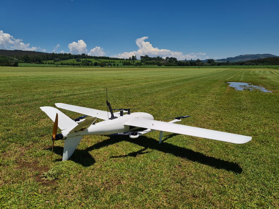 Fixed-wing survey aircraft on the grass before launch