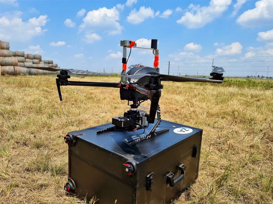 Multirotor LiDAR aircraft on its transit case